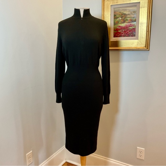 Akris Black Virgin Wool Knit Mock Neck Midi Sweater Dress NWT - joarbit.com